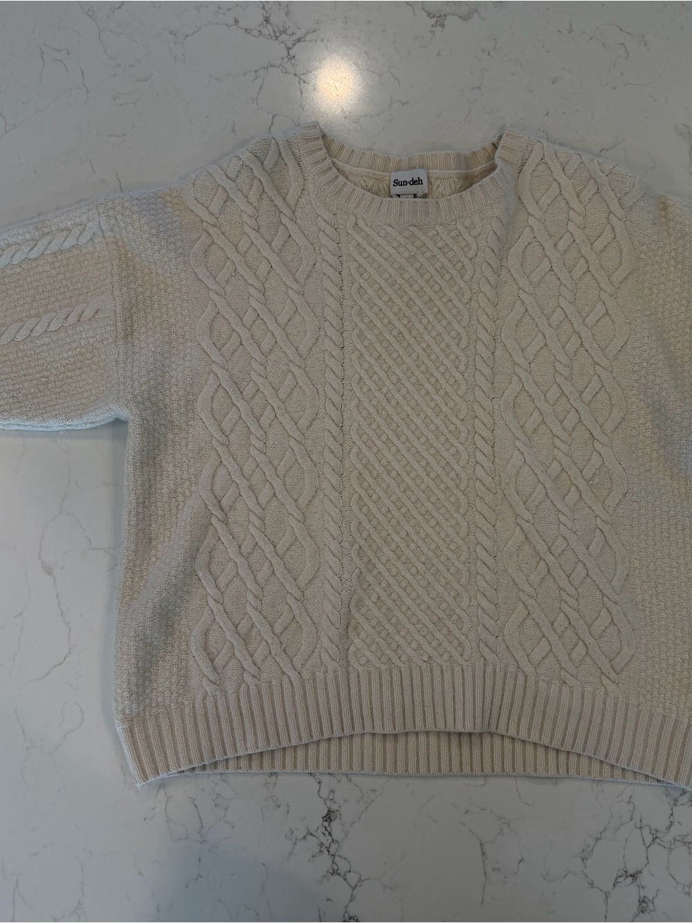 Sun-deh Marino wool Cream Cable Knit Crewneck Sweater
